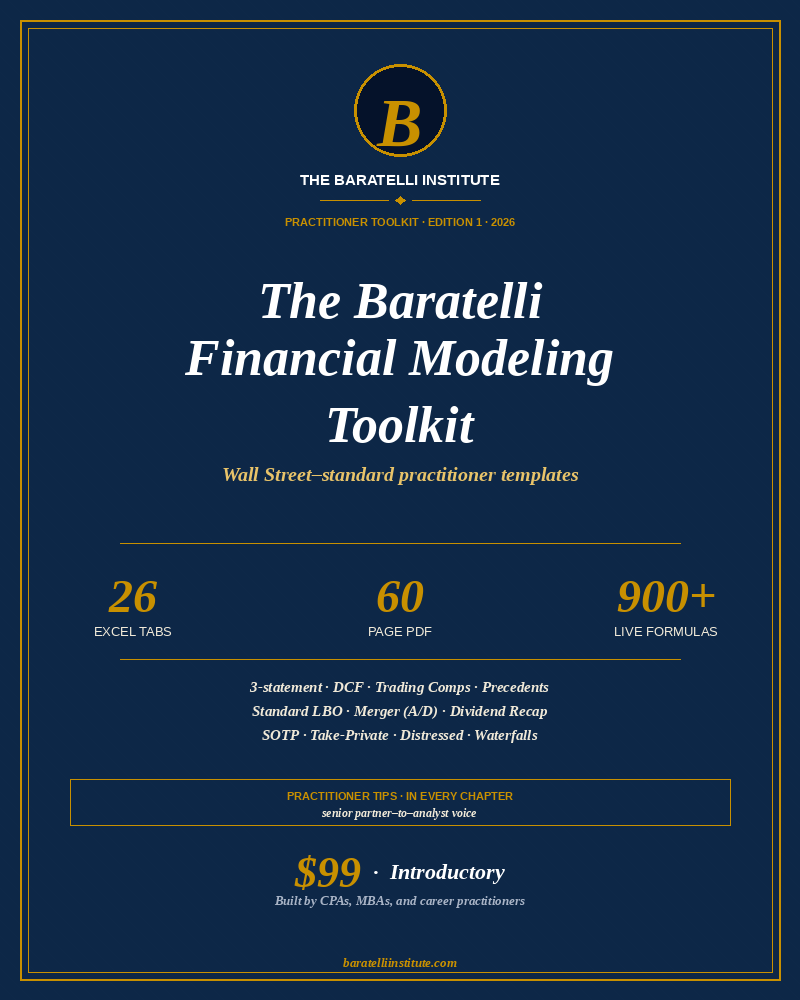 The Baratelli Financial Modeling Toolkit — 26 Excel tabs, 60-page methodology PDF, 900+ live formulas, $99 introductory pricing