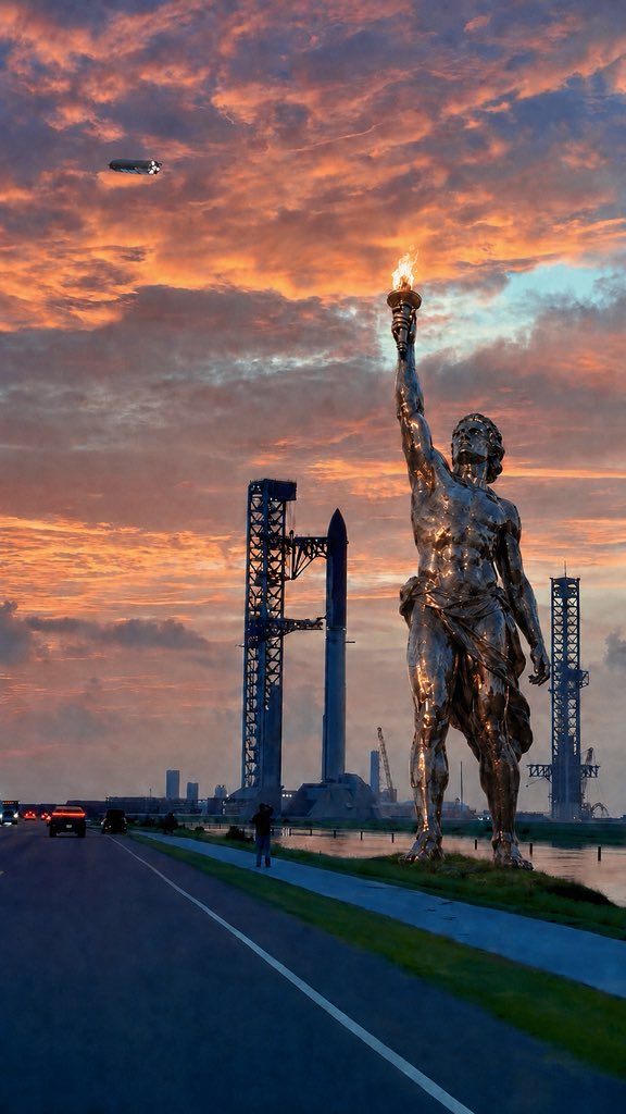 Prometheus, 50-foot titanium statue with lit torch, at Starbase, Boca Chica, Texas — Atelier Missor, with SpaceX Starship on the launch pad behind