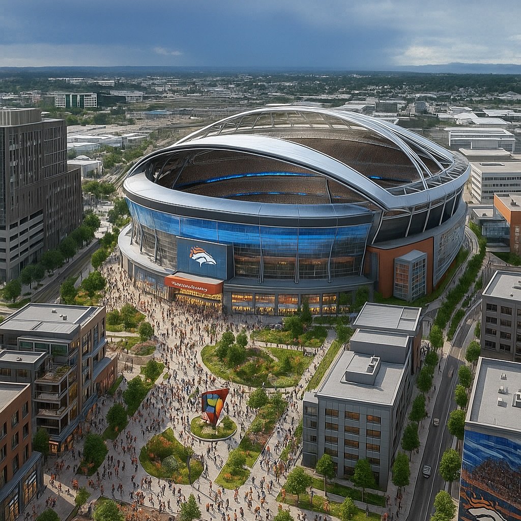 Denver Broncos proposed new stadium aerial concept rendering