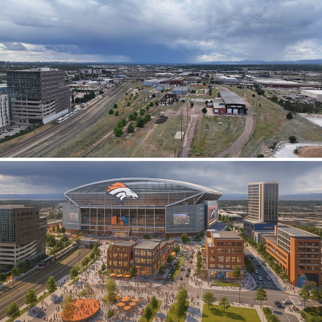 Denver Broncos proposed stadium before-and-after rendering: current rail-yard site above, proposed stadium and mixed-use district below