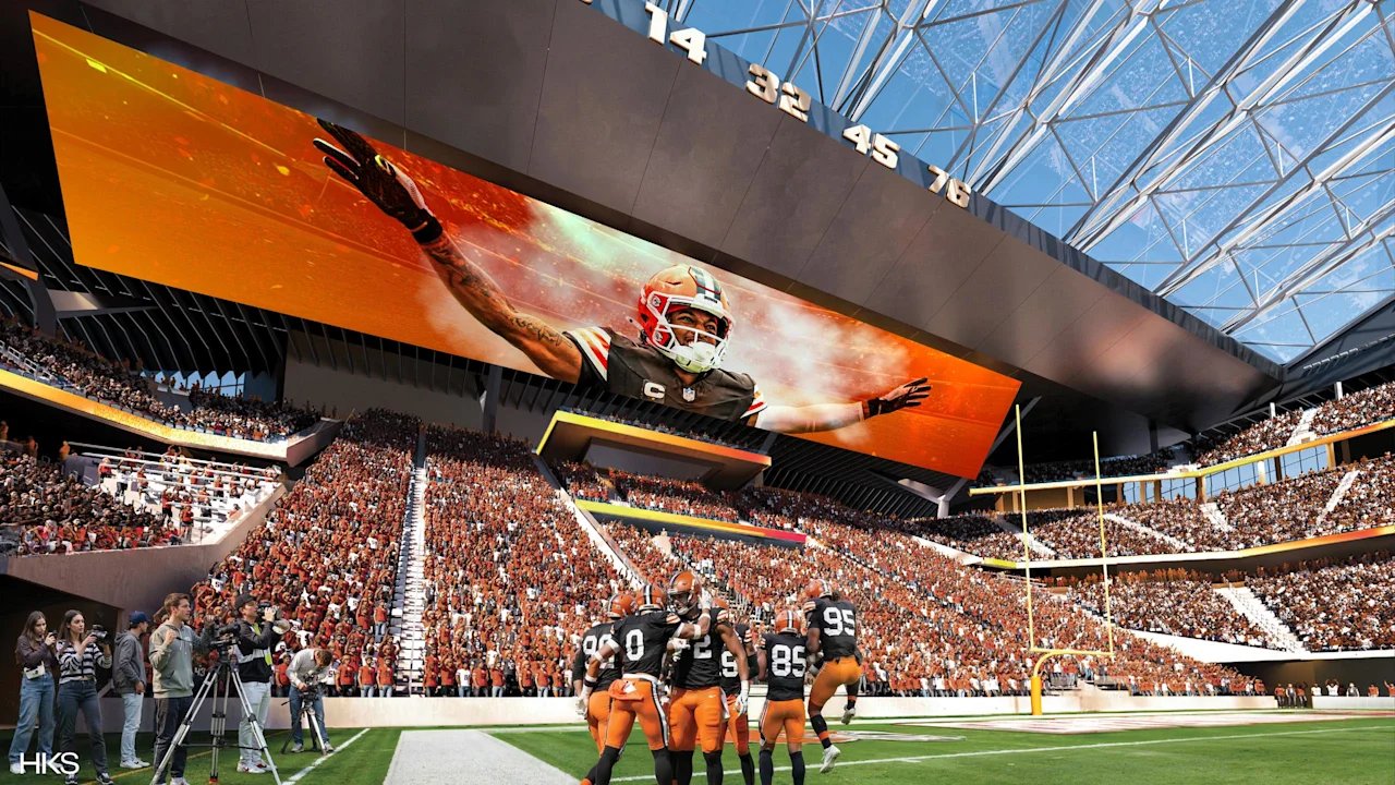 Proposed Brook Park domed stadium interior bowl rendering with Huntington Bank Field branding
