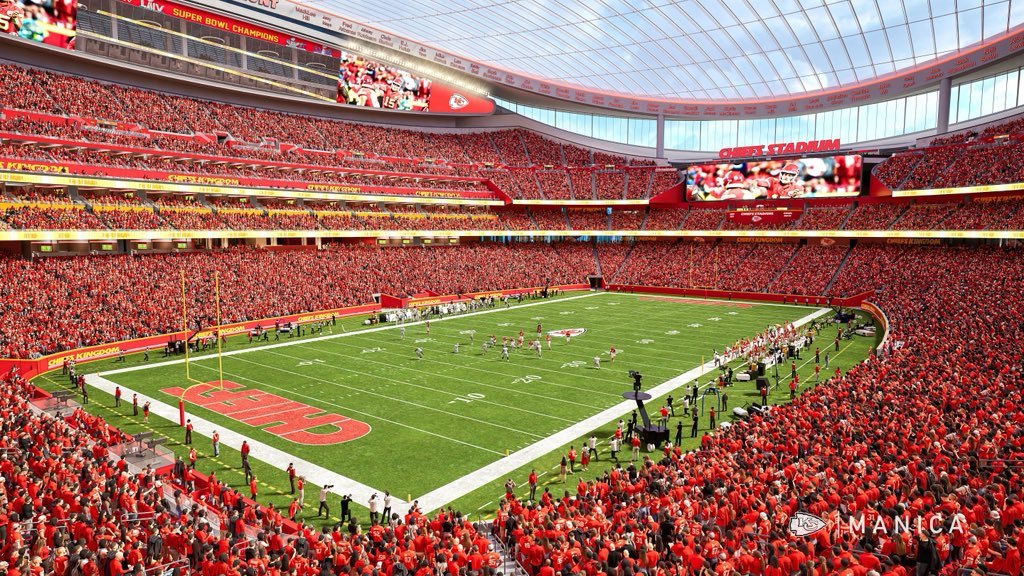 Proposed new Chiefs stadium exterior sunset rendering