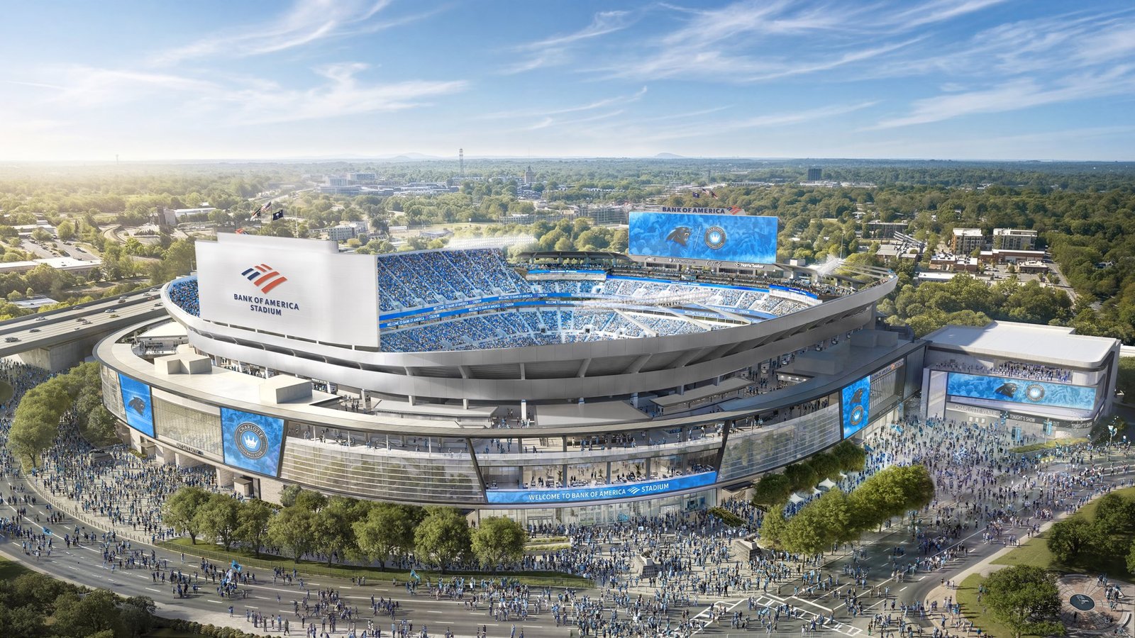 Renovated Bank of America Stadium exterior day rendering, Charlotte NC